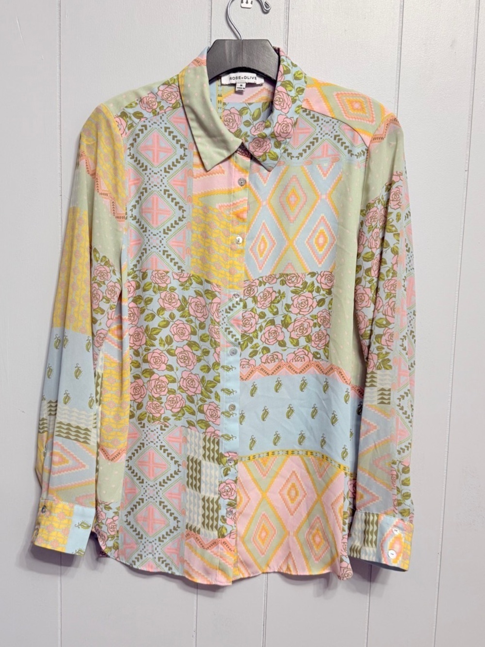 #12)  Rose & Olive Pastel Floral & Geometric Patchwork Shirt